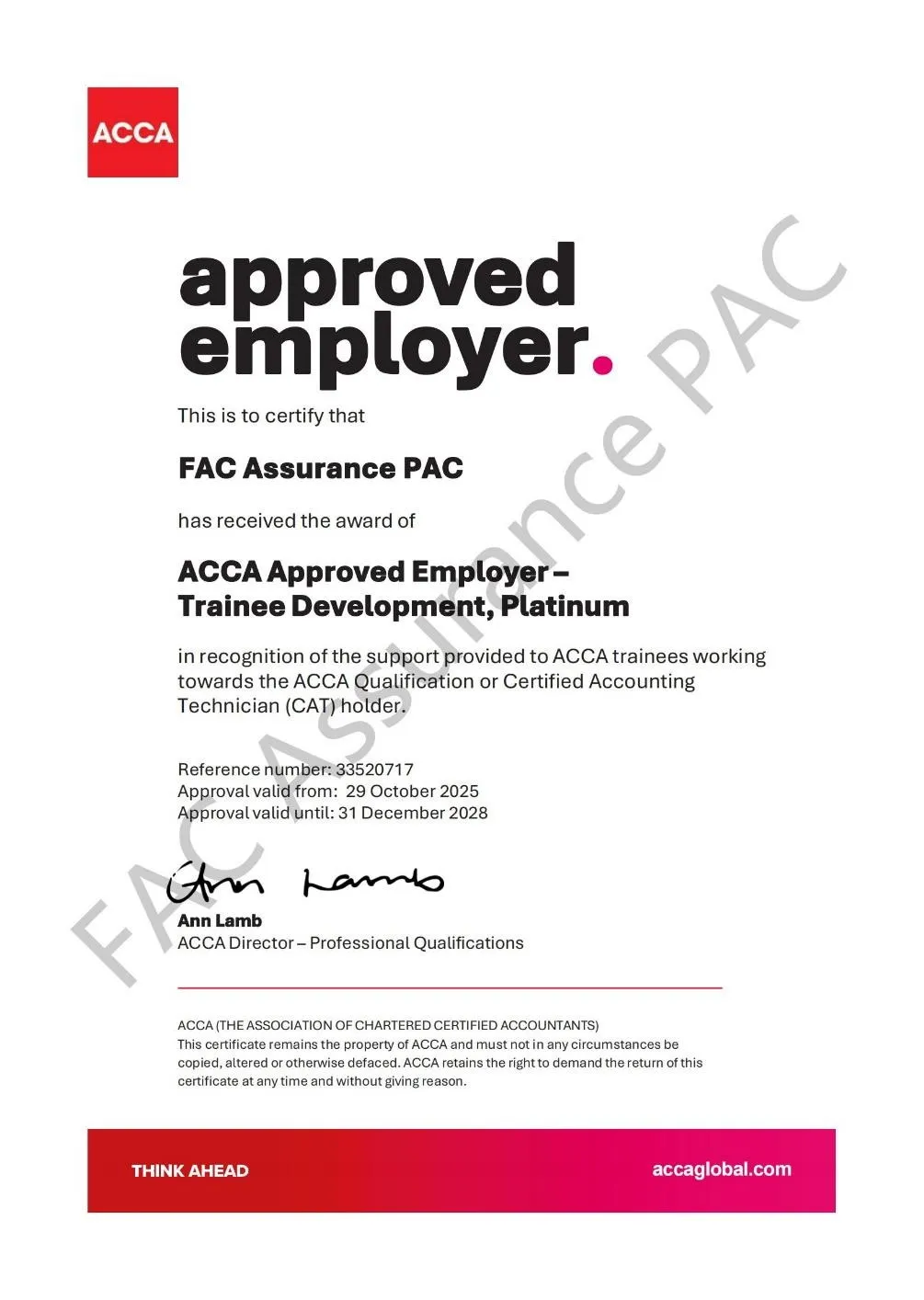 ACCA 认可雇主培训发展白金级（Platinum）